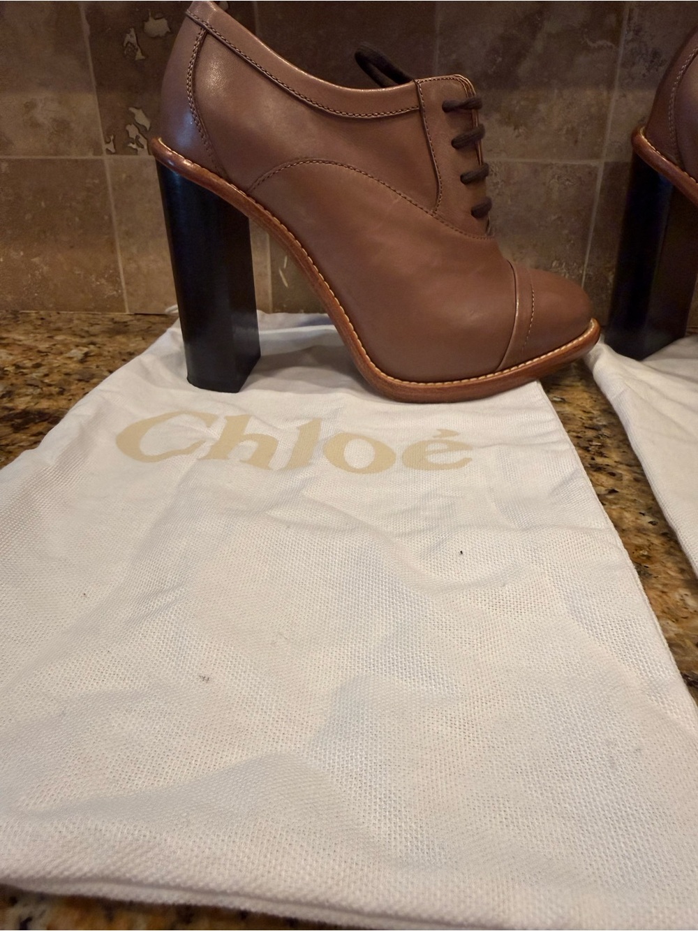 Chloe Brown Leather Lace-Up High Heel Oxfords - Picture 2 of 5